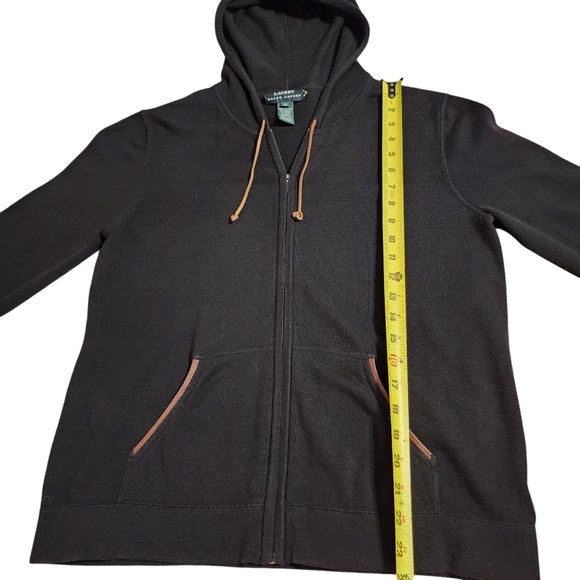 LRL Lauren Ralph Lauren Hoodie Black Brown Leather Trim Full Zip | Size Medium - Picture 5 of 7